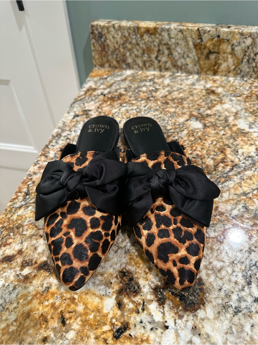 crown & ivy Leopard-Print Pointed Mules with Black Satin Bow